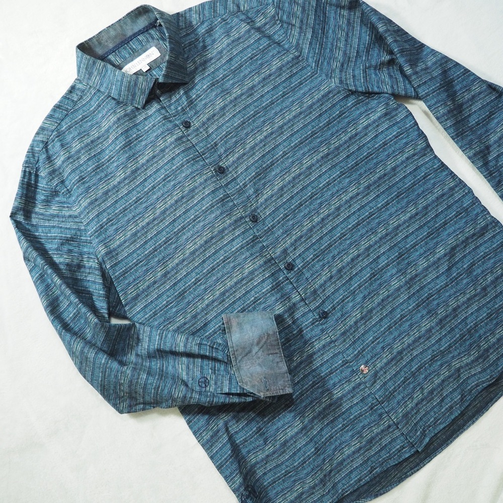 John Lennon Sz L Men's Striped Blue Long-Sleeve Button-Down Shirt
